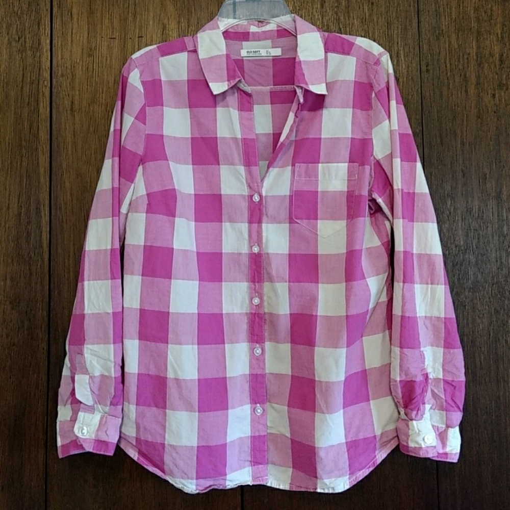 Old Navy Gingham Buffalo Plaid Pink Cream Blouse